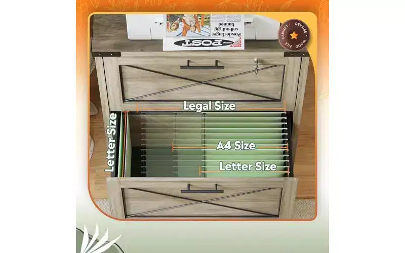 Classificatore laterale con serratura, 2 cassetti e stazione di ricarica, supporto per stampante in legno stile rustico con ampio spazio di archiviazione