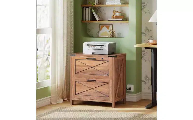 Classificatore laterale con serratura, 2 cassetti e stazione di ricarica, supporto per stampante in legno stile rustico con ampio spazio di archiviazione