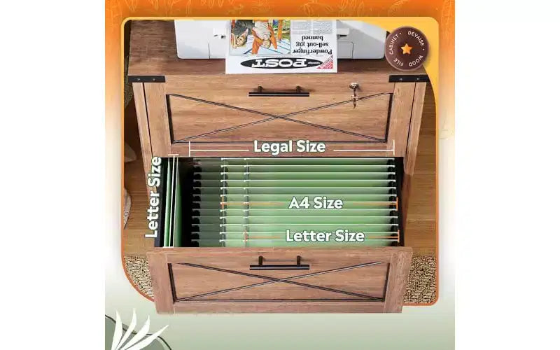 Classificatore laterale con serratura, 2 cassetti e stazione di ricarica, supporto per stampante in legno stile rustico con ampio spazio di archiviazione