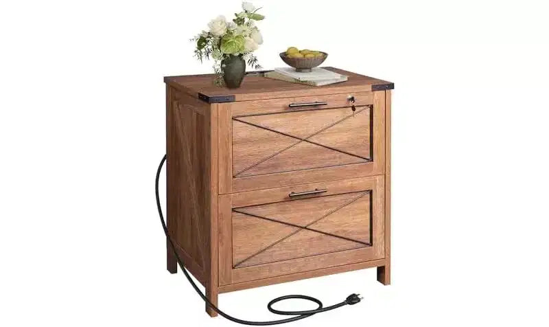 Classificatore laterale con serratura, 2 cassetti e stazione di ricarica, supporto per stampante in legno stile rustico con ampio spazio di archiviazione