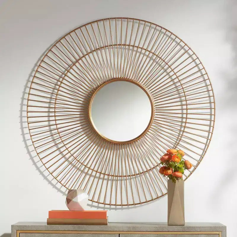 Specchio da parete rotondo con cornice in metallo dorata a foglia, 33 3/4" di larghezza