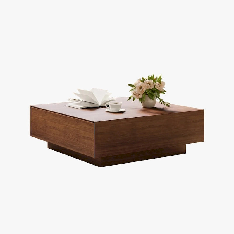 Tavolino da caffè moderno di metà secolo, minimalista, in impiallacciato di legno con spazio contenitore per il soggiorno, completamente assemblato